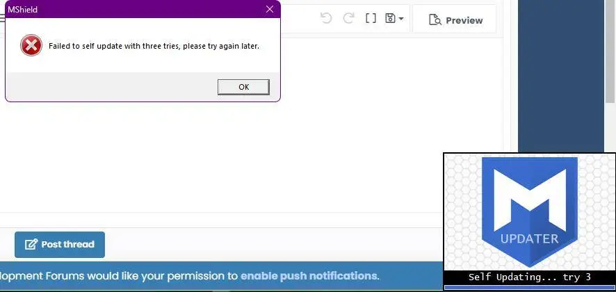 Mshield "Failed to self update with three tries, please try again later ...